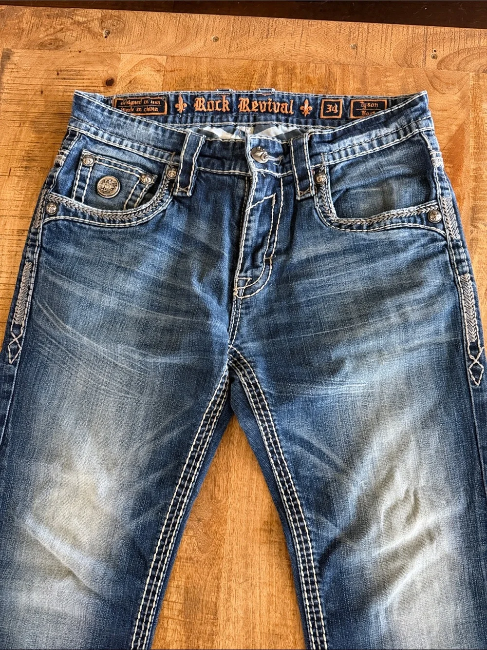 Rock Revival Slim Straight Men’s Jeans in Distressed Blue Denim